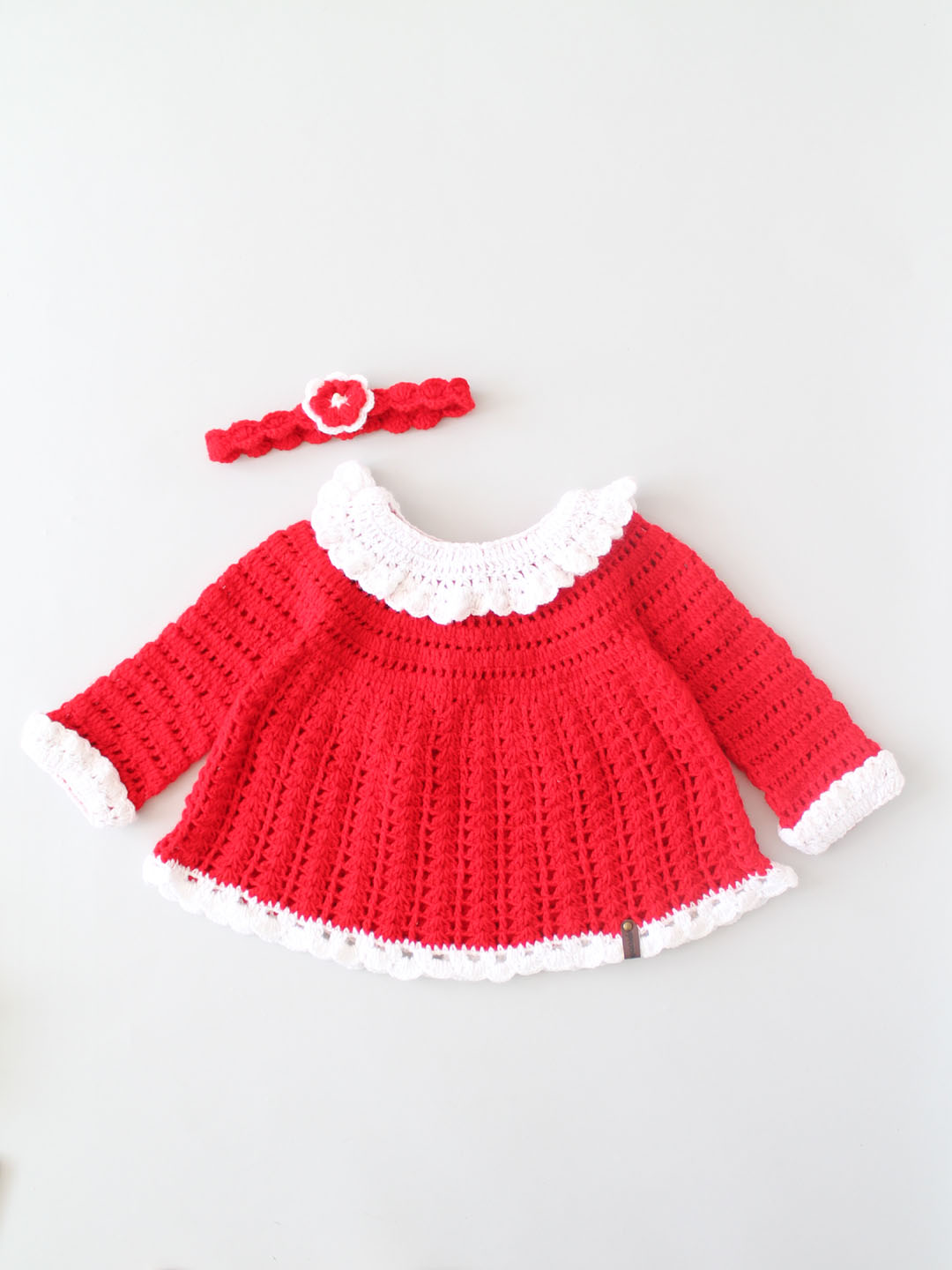 Crochet Full Sleeves Christmas Frock with Hairband - Red