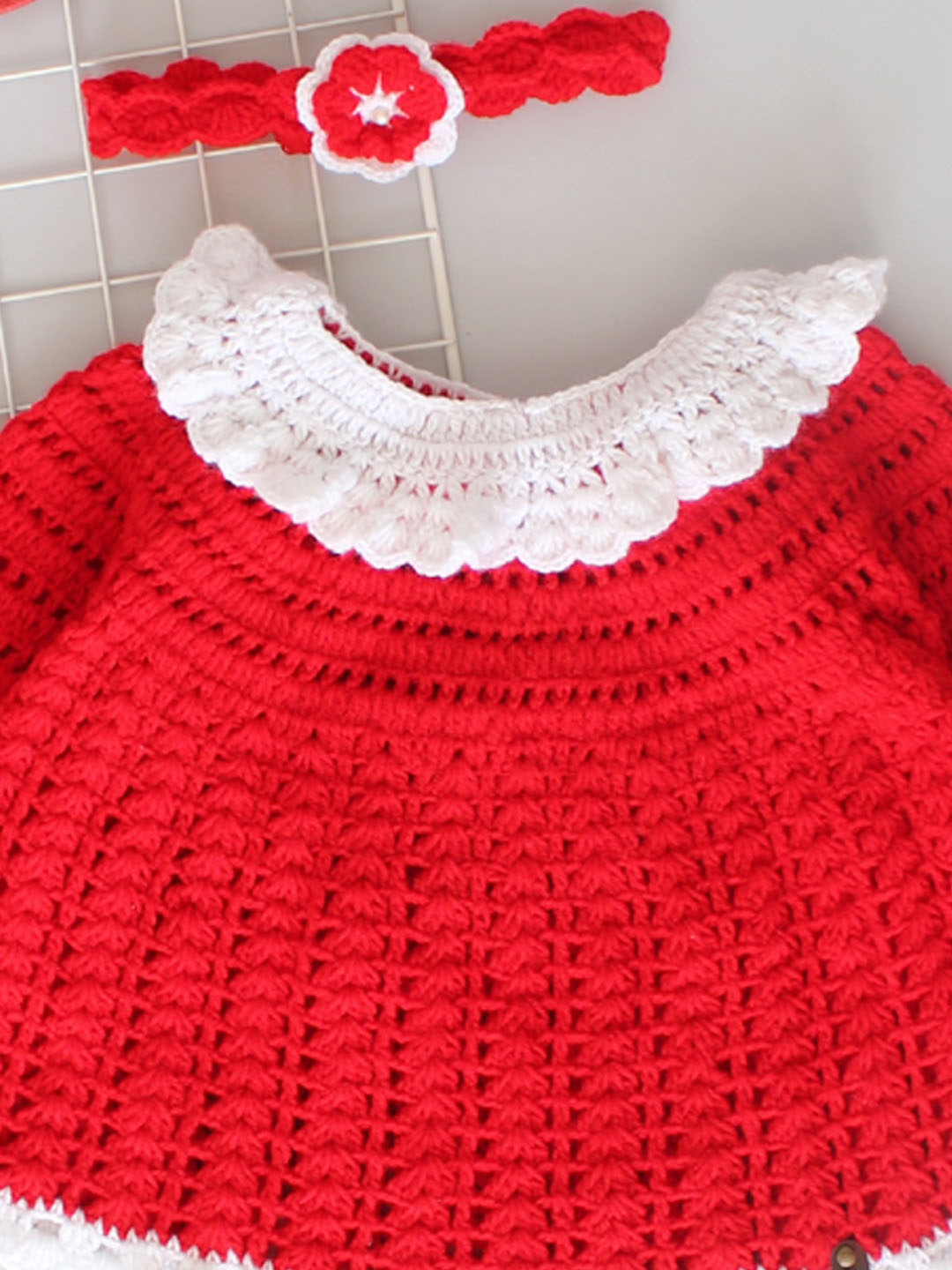 Crochet Full Sleeves Christmas Frock with Hairband - Red