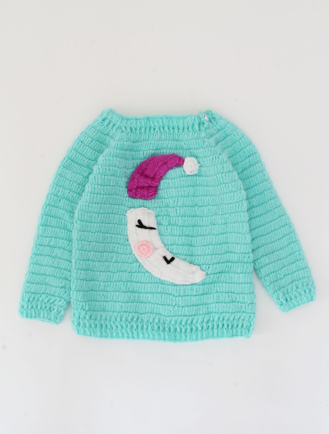 Crochet Full Sleeves Half Moon Woollen Sweater For Kids-Green