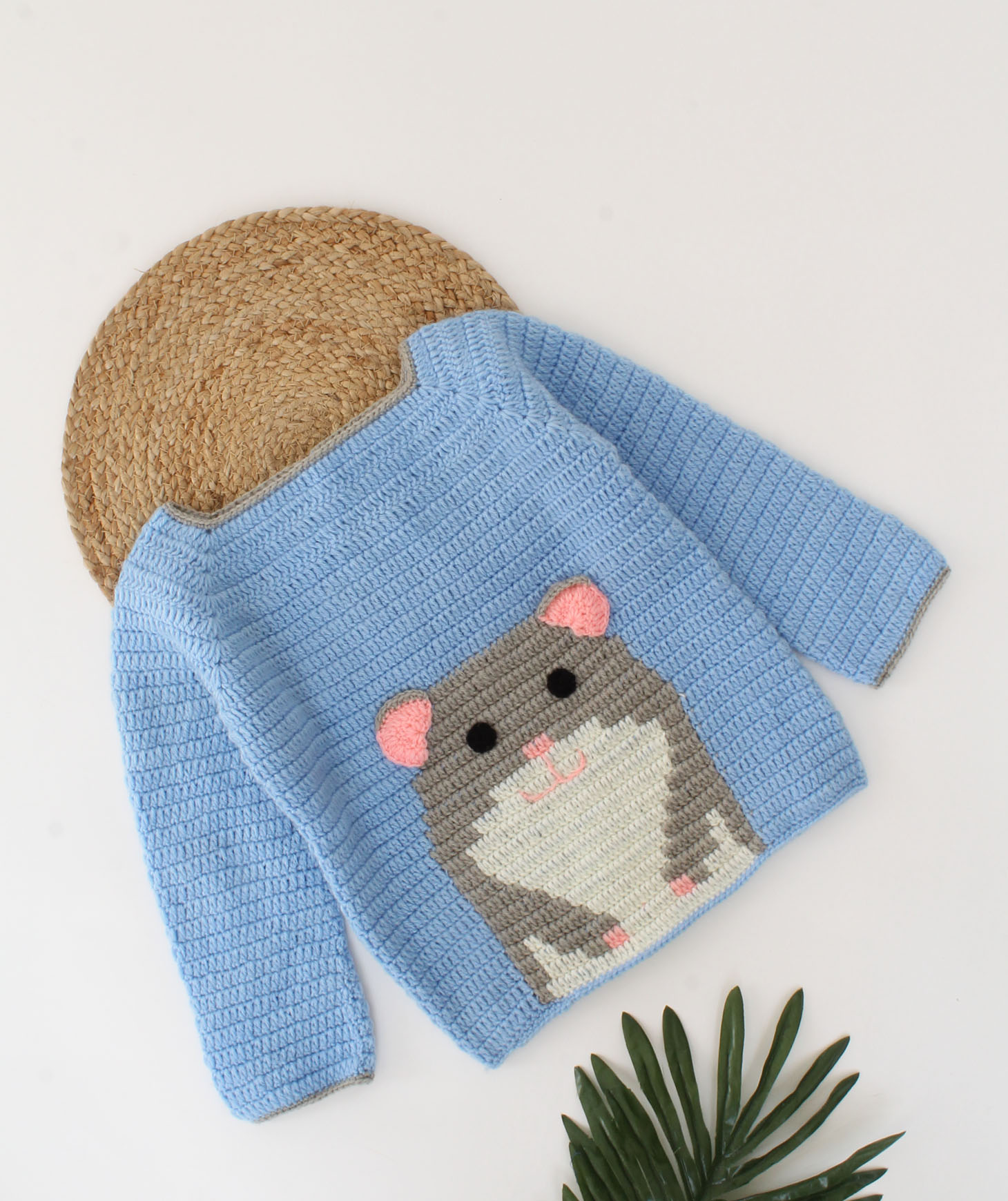 Crochet Full Sleeves Mouse Design Sweater For Kids - Sky Blue