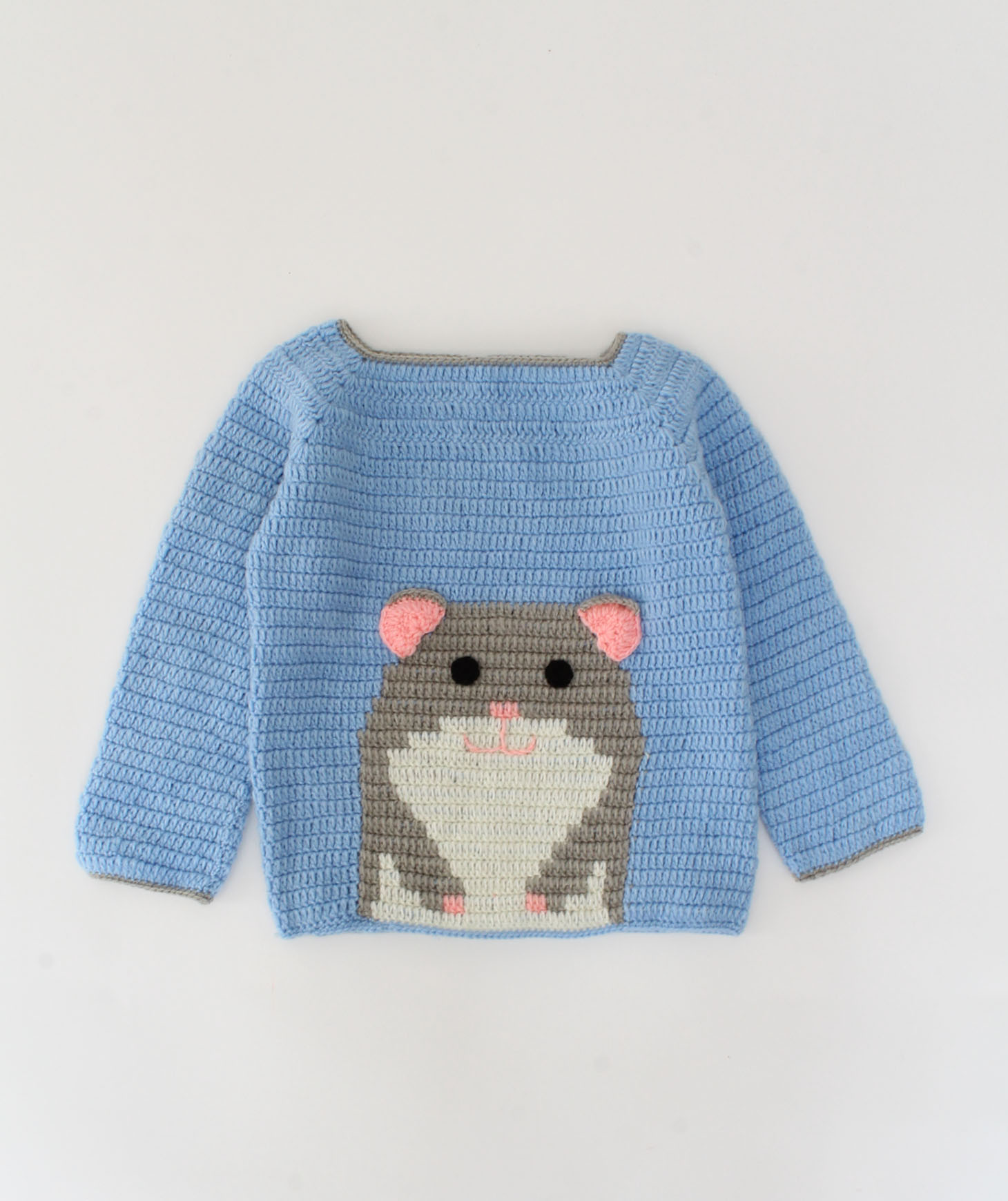 Crochet Full Sleeves Mouse Design Sweater For Kids - Sky Blue