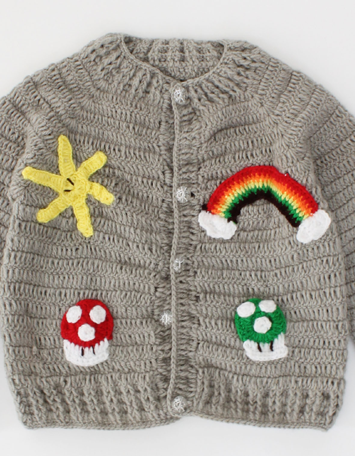 Crochet Full Sleeves Sun And Rainbow Sweater For Kids - Grey