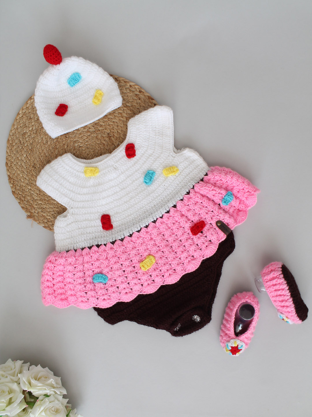 Crochet Icecream Romper Frock with Cap and Booties - Multi