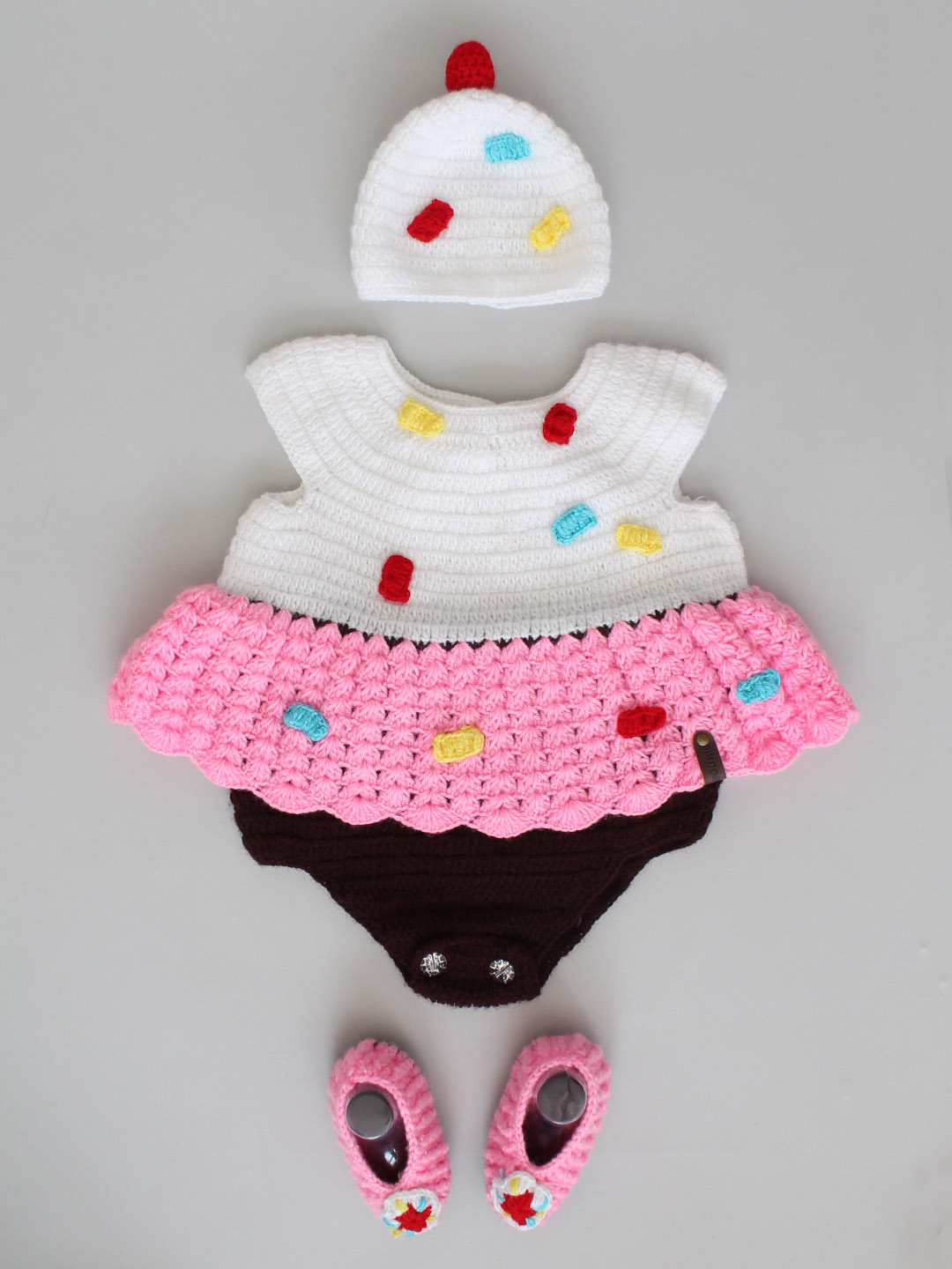 Crochet Icecream Romper Frock with Cap and Booties - Multi