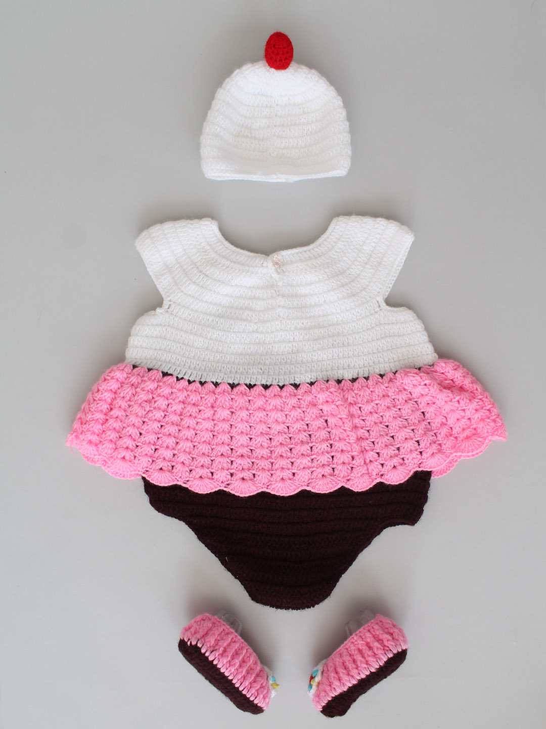 Crochet Icecream Romper Frock with Cap and Booties - Multi