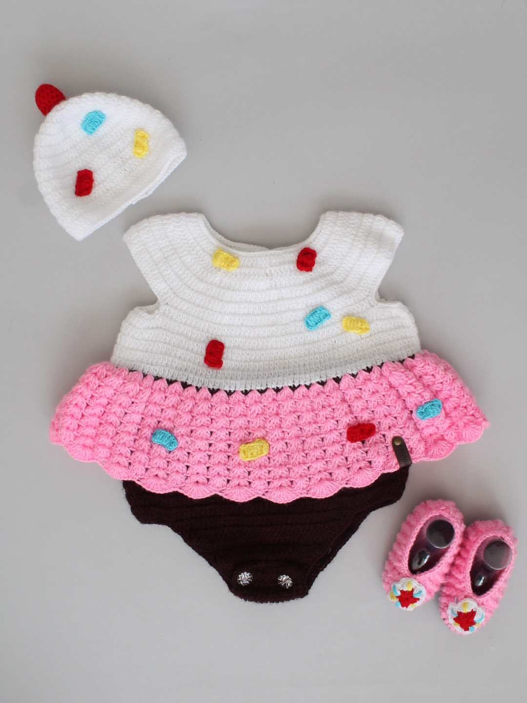 Crochet Icecream Romper Frock with Cap and Booties - Multi