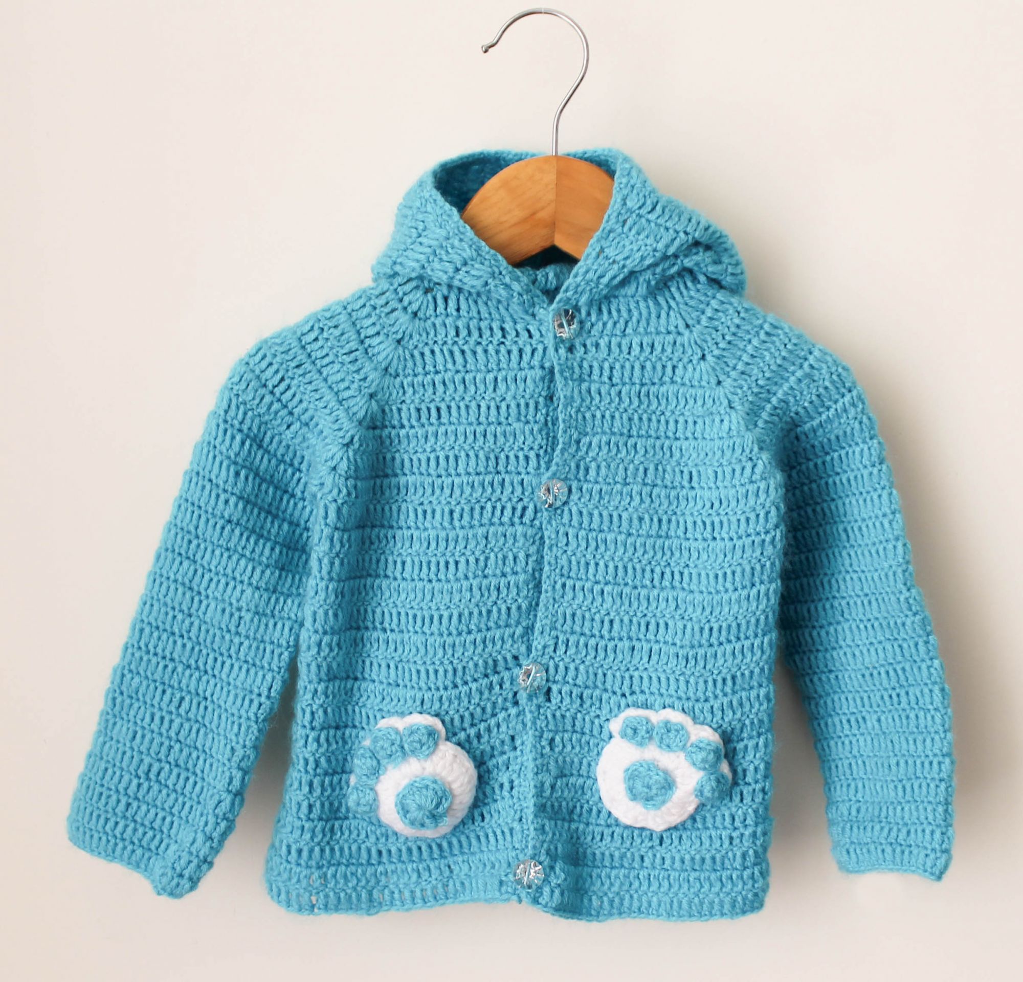 Crochet Paw Detailing Hoodie Woollen Sweater For Kids - Blue