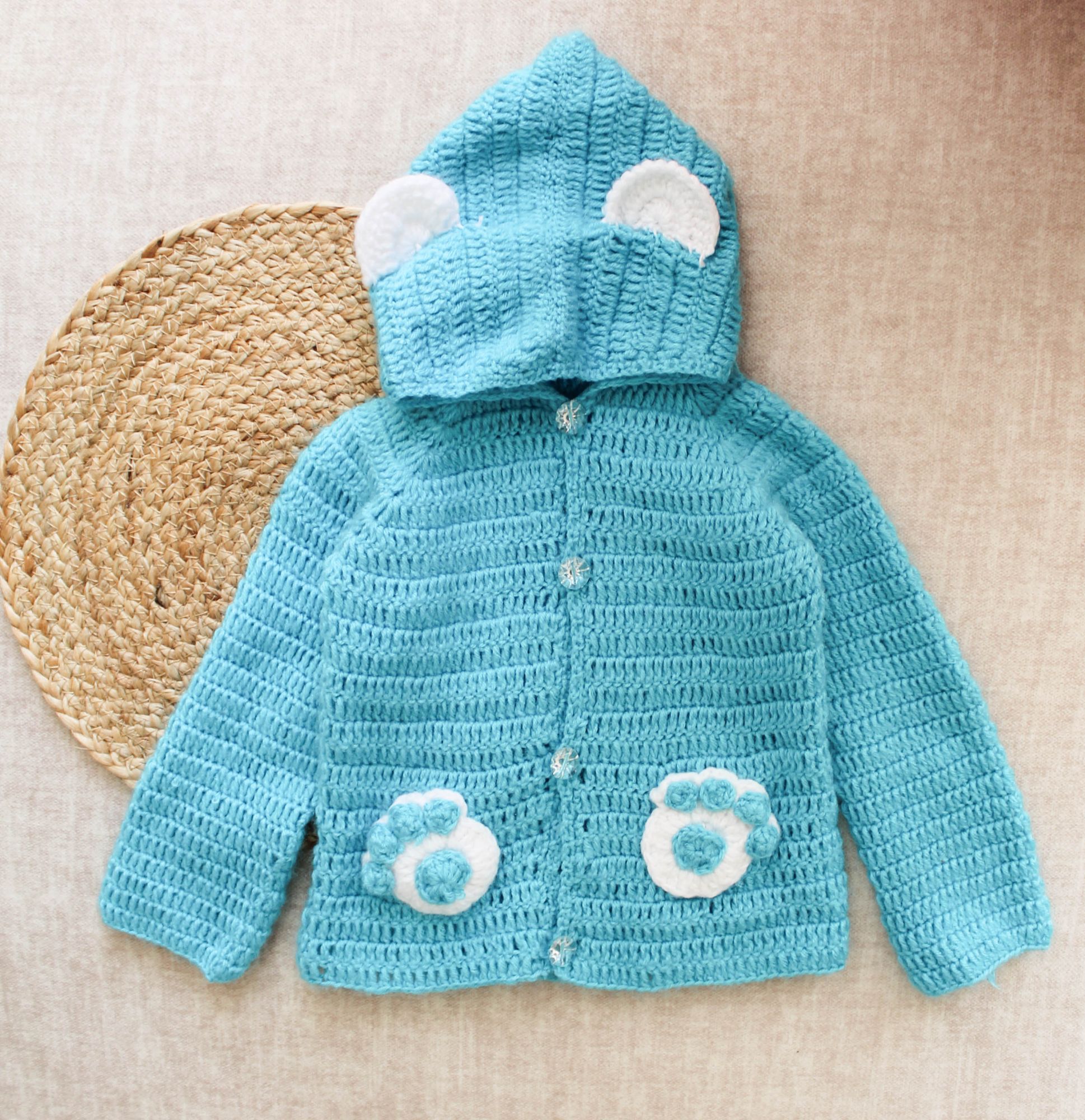 Crochet Paw Detailing Hoodie Woollen Sweater For Kids - Blue