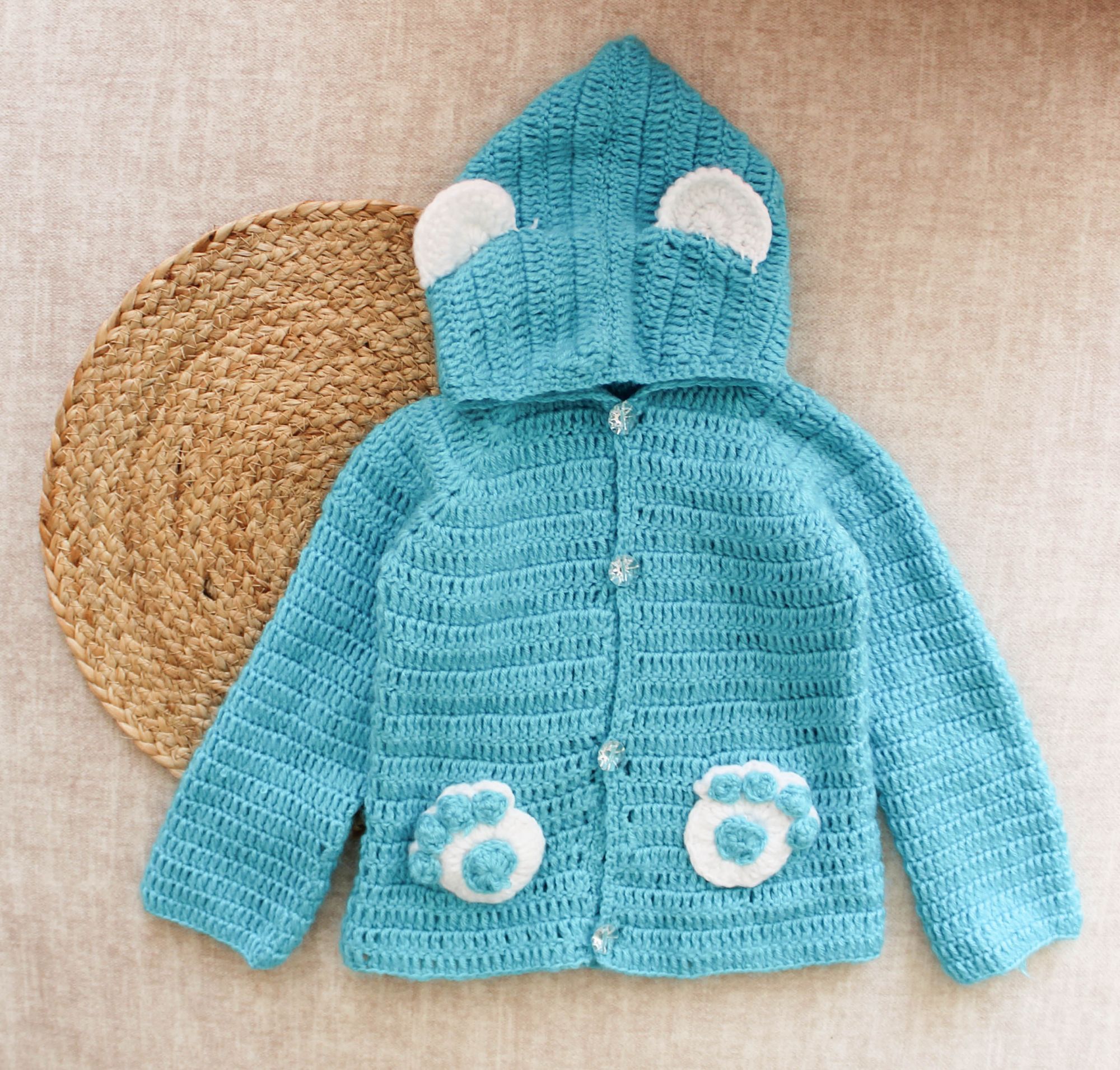 Crochet Paw Detailing Hoodie Woollen Sweater For Kids - Blue