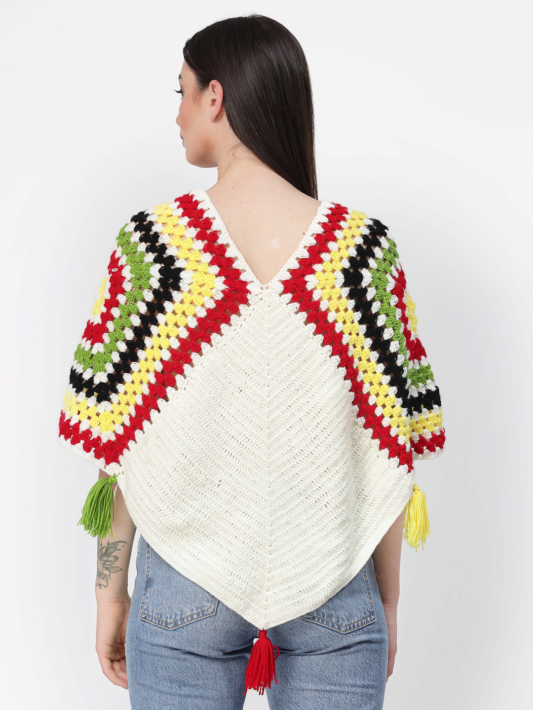 Handmade Crochet Women Woolen Poncho With Tassels-Cream
