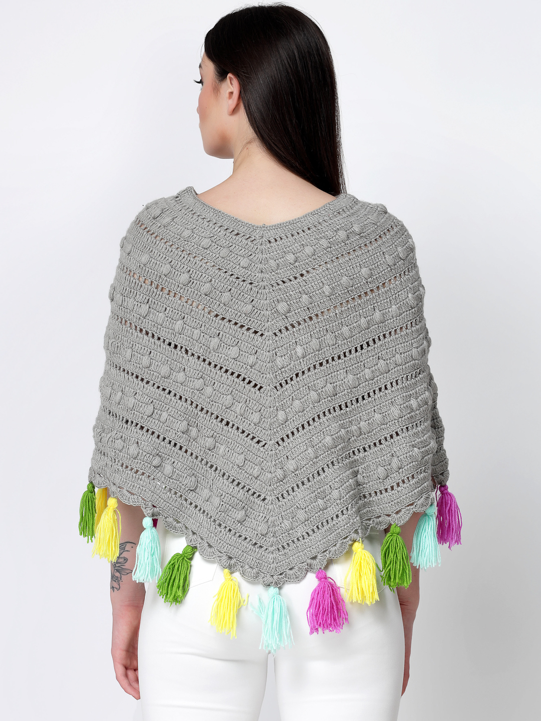 Handmade Bubble Stitch Crochet Poncho With Tassels - Grey