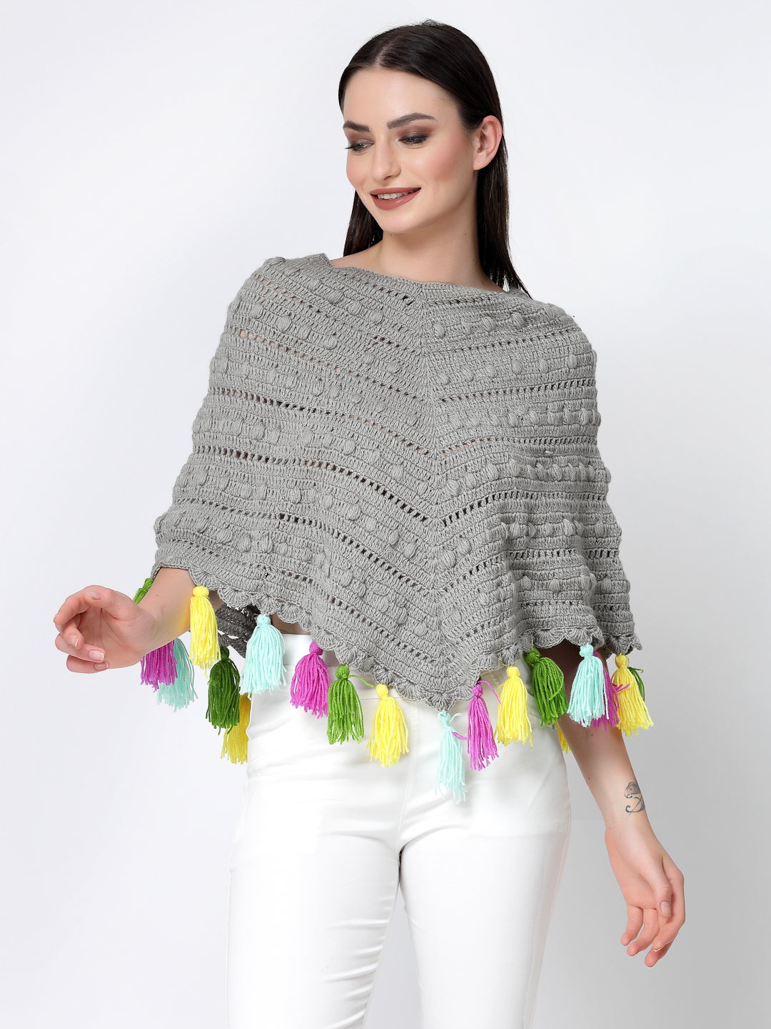 Handmade Bubble Stitch Crochet Poncho With Tassels - Grey