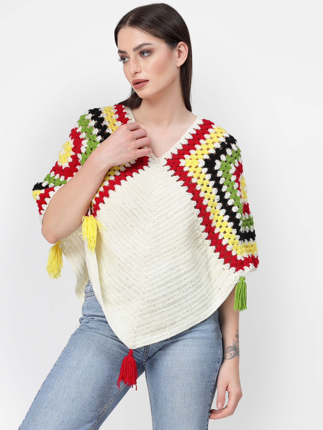 Handmade Crochet Women Woolen Poncho With Tassels-Cream