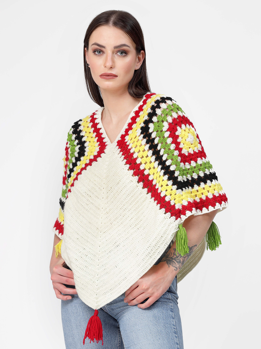 Handmade Crochet Women Woolen Poncho With Tassels-Cream