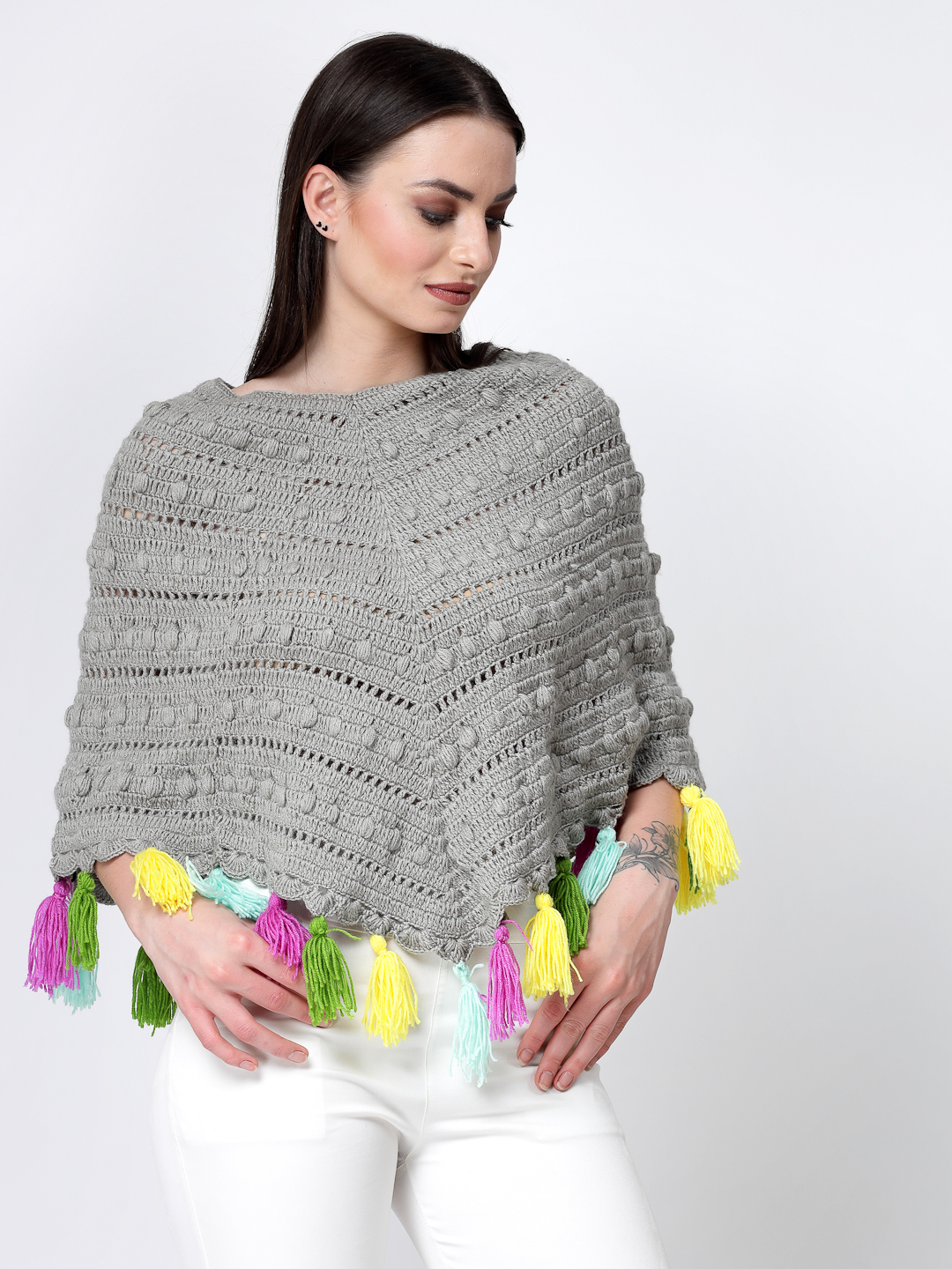 Handmade Bubble Stitch Crochet Poncho With Tassels - Grey