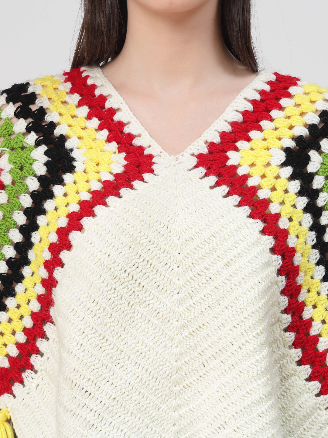 Handmade Crochet Women Woolen Poncho With Tassels-Cream