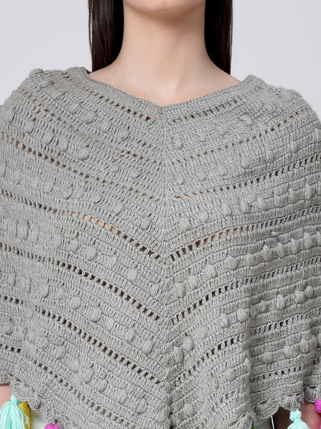 Handmade Bubble Stitch Crochet Poncho With Tassels - Grey