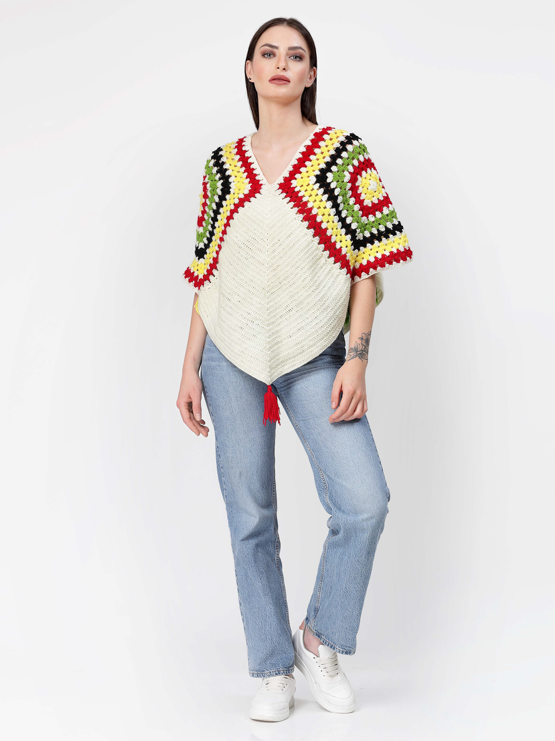 Handmade Crochet Women Woolen Poncho With Tassels-Cream