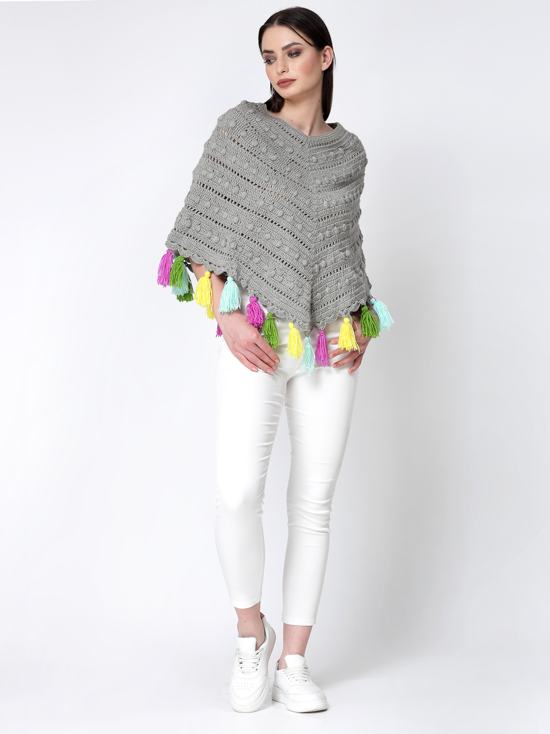 Handmade Bubble Stitch Crochet Poncho With Tassels - Grey