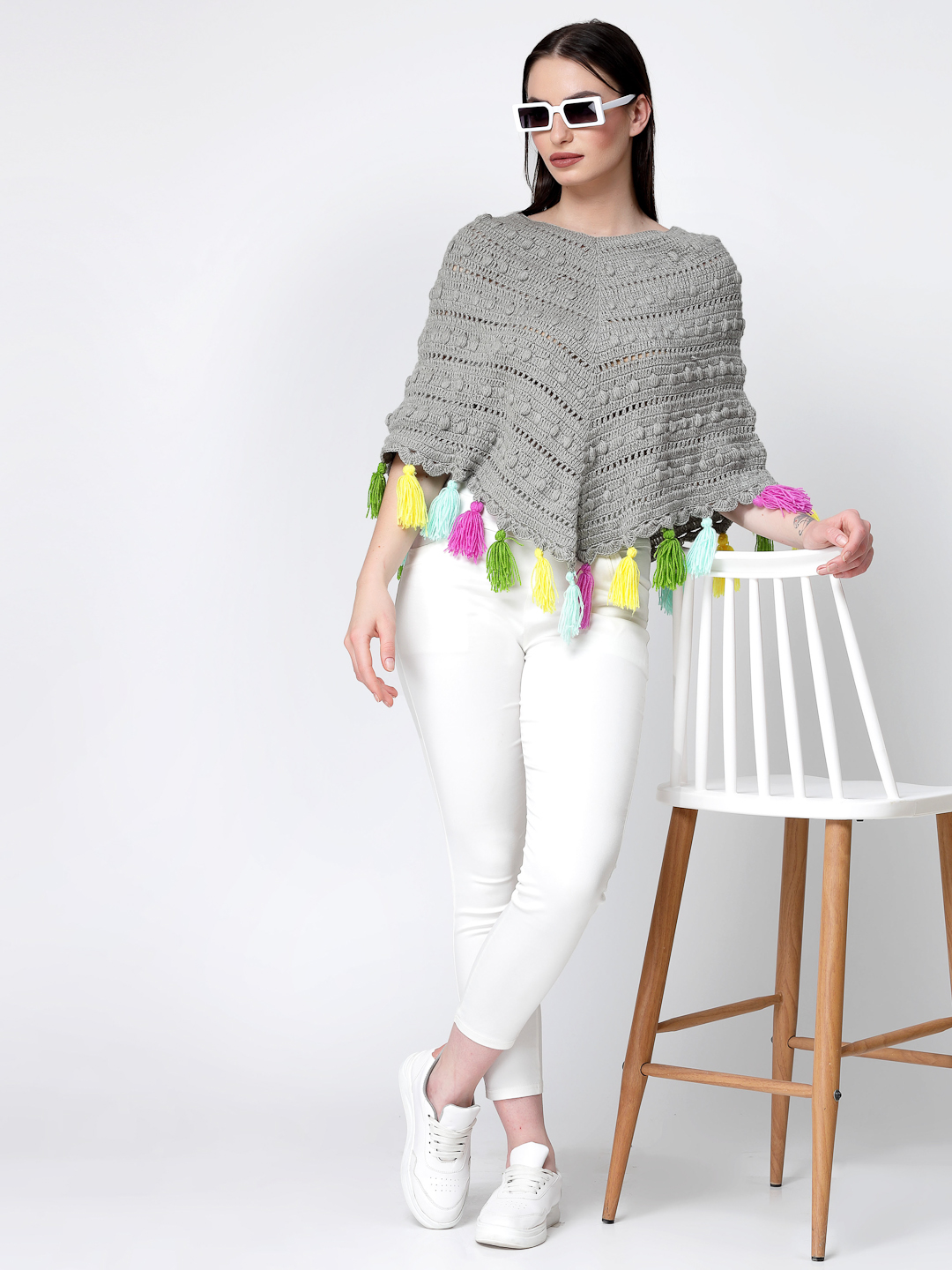 Handmade Bubble Stitch Crochet Poncho With Tassels - Grey