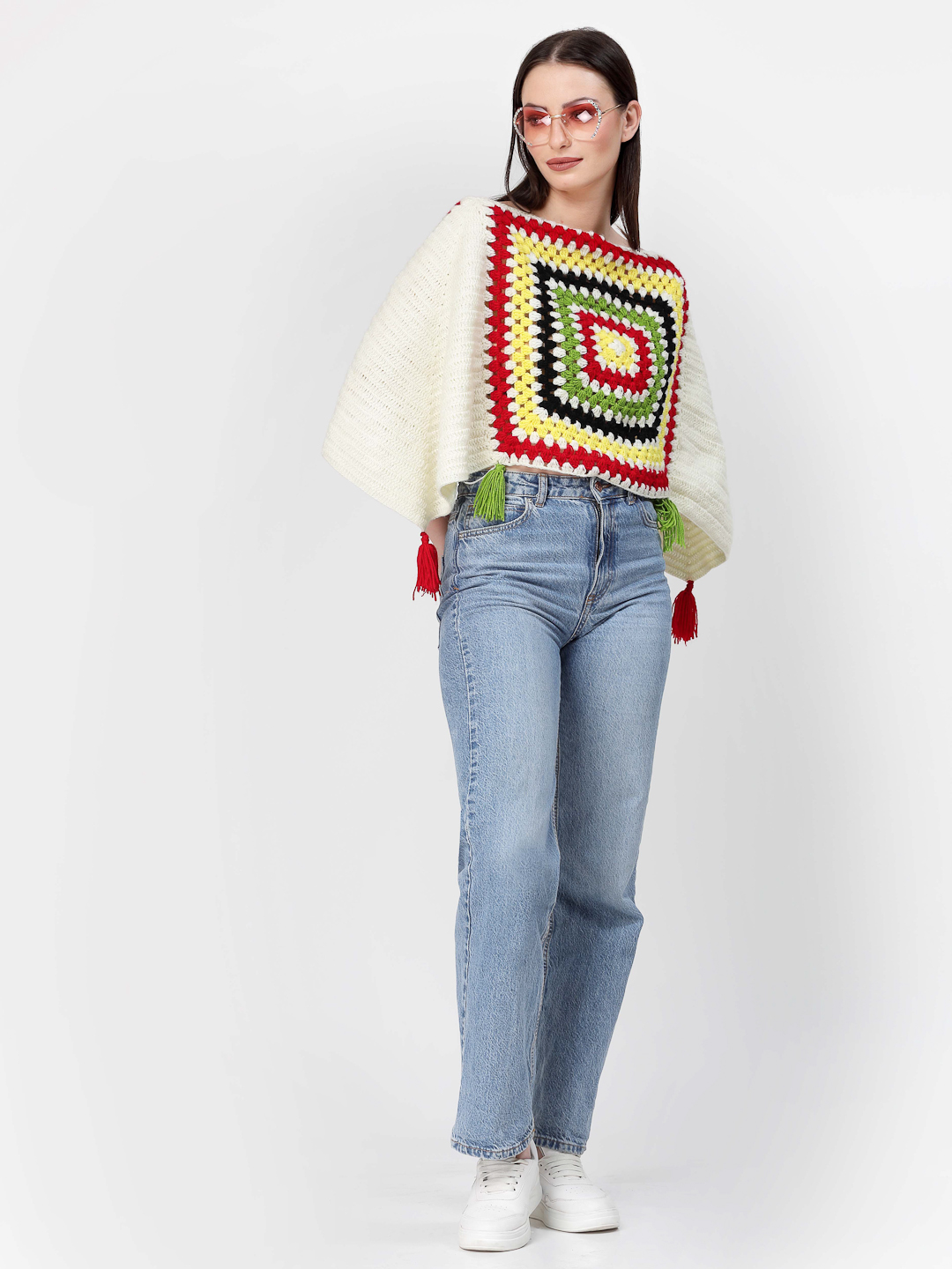 Handmade Crochet Women Woolen Poncho With Tassels-Cream