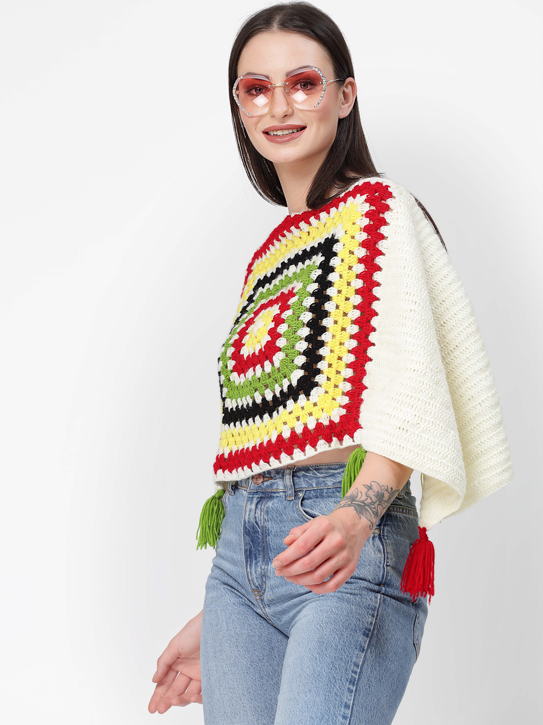 Handmade Crochet Women Woolen Poncho With Tassels-Cream