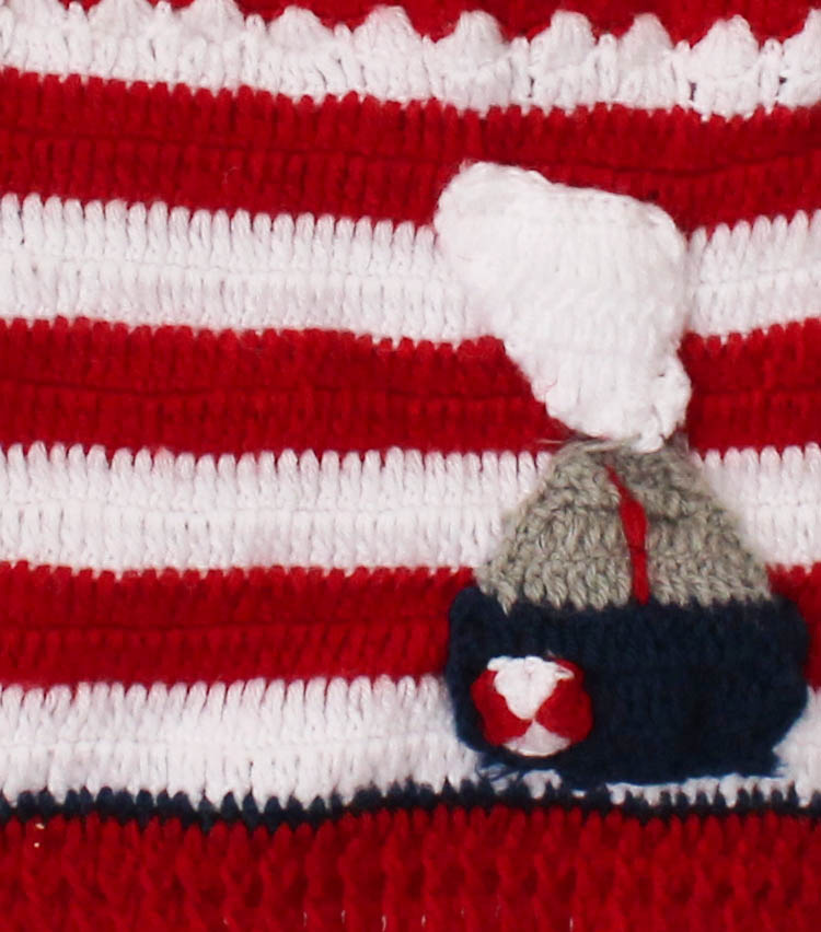 Crochet Ship Applique Striped Sweater For Kids - Red & White
