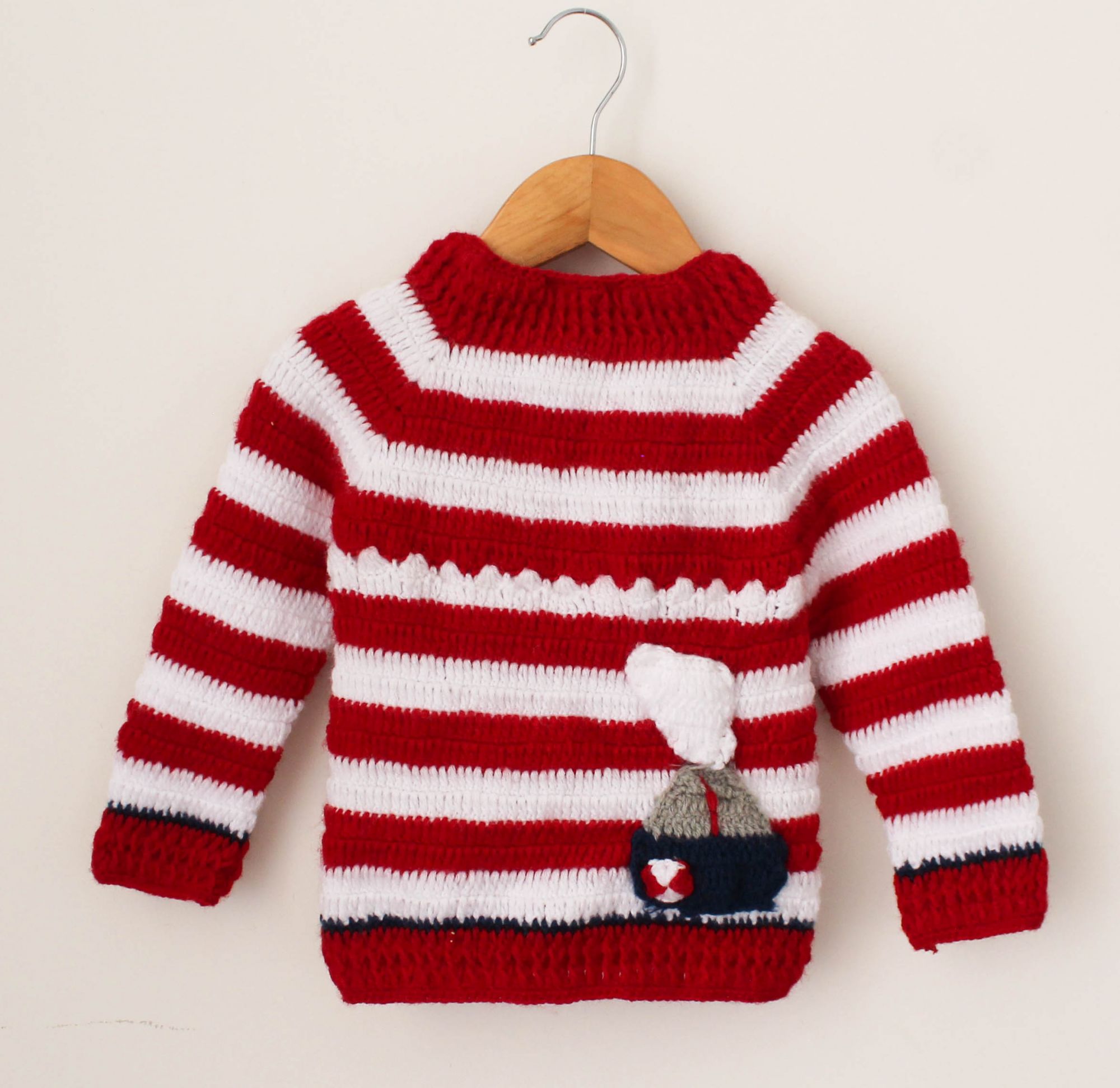 Crochet Ship Applique Striped Sweater For Kids - Red & White