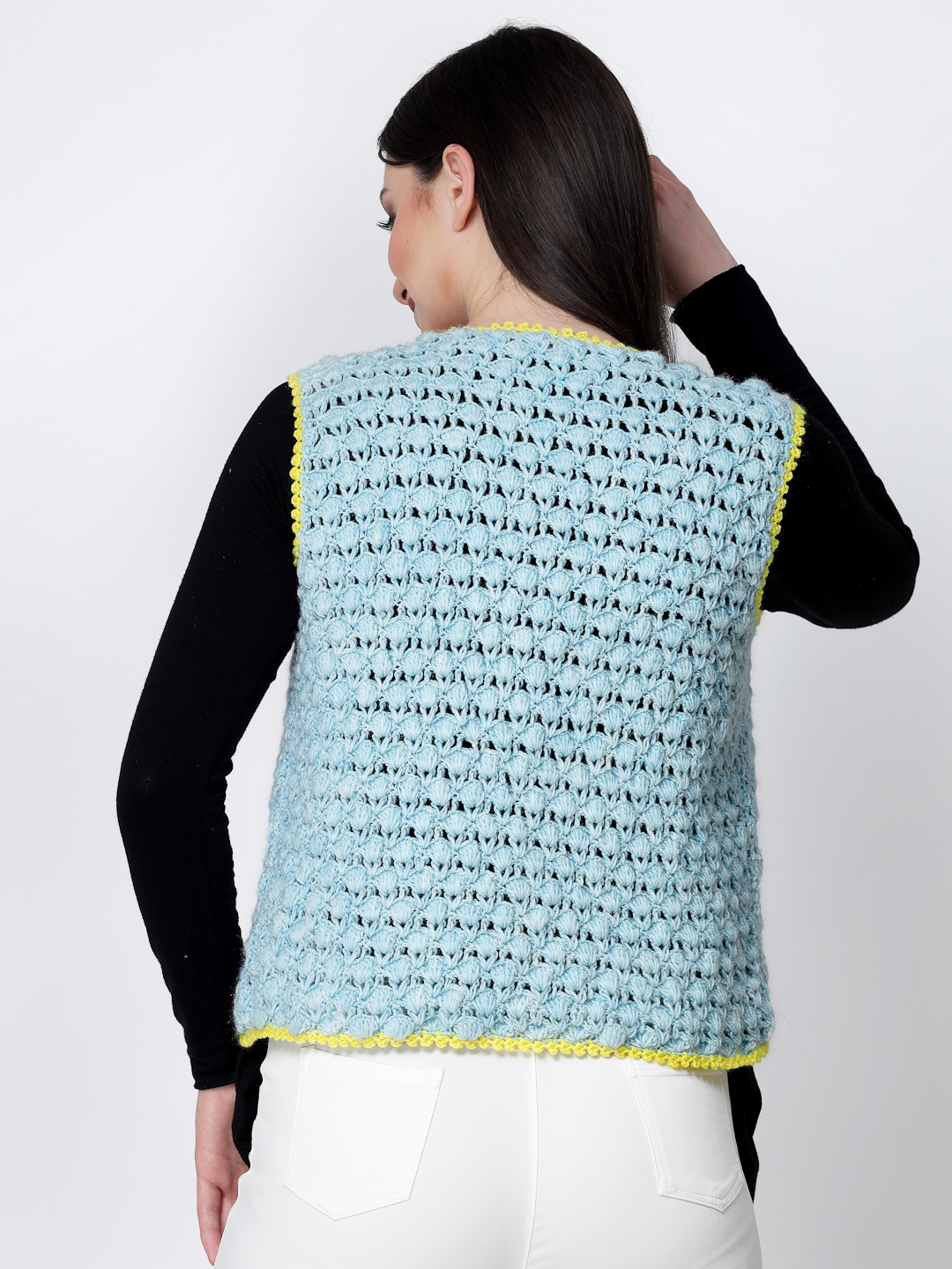 Crochet Self Design Front Open Half Sweater for Women - Blue