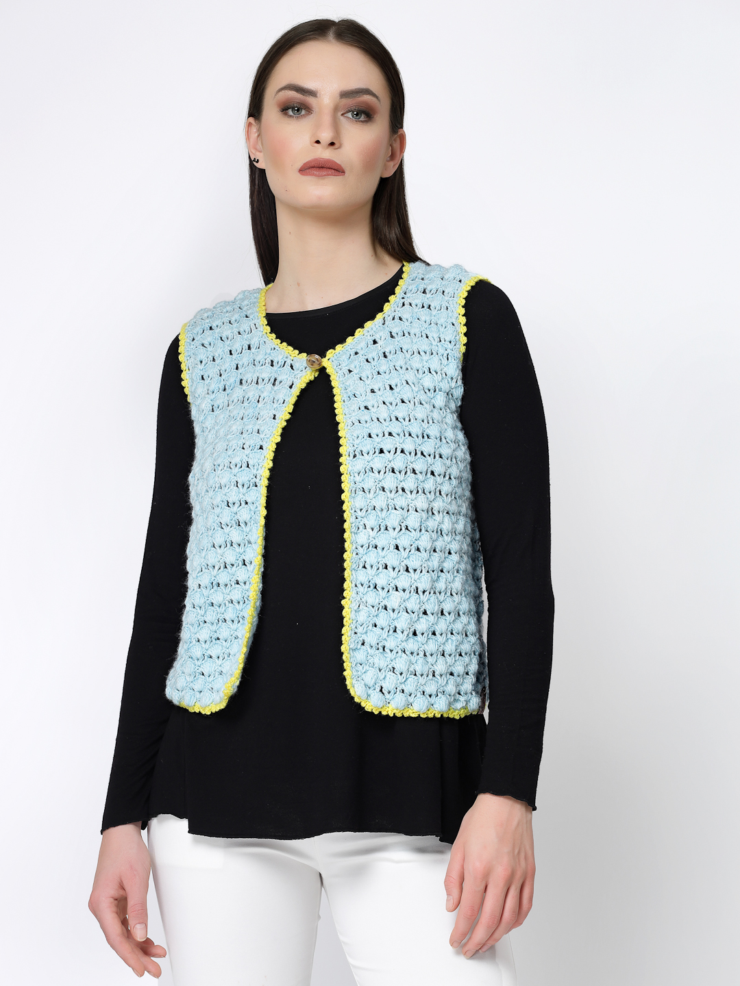 Crochet Self Design Front Open Half Sweater for Women Blue