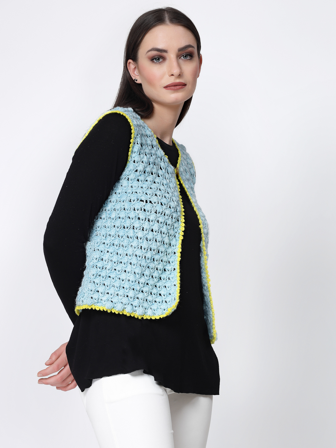 Crochet Self Design Front Open Half Sweater for Women - Blue