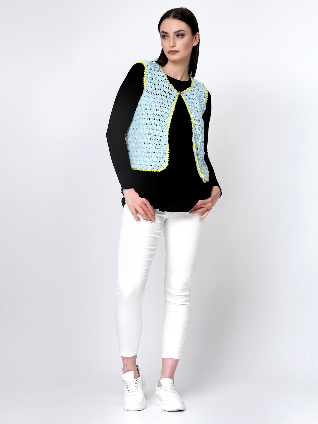 Crochet Self Design Front Open Half Sweater for Women - Blue