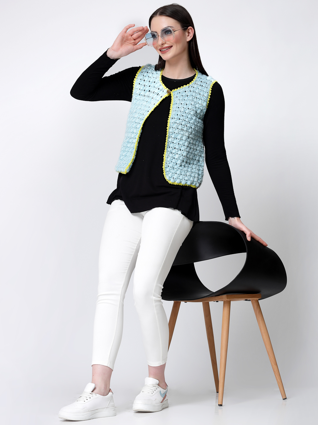 Crochet Self Design Front Open Half Sweater for Women - Blue