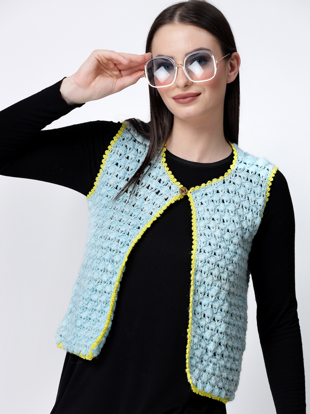 Crochet Self Design Front Open Half Sweater for Women - Blue