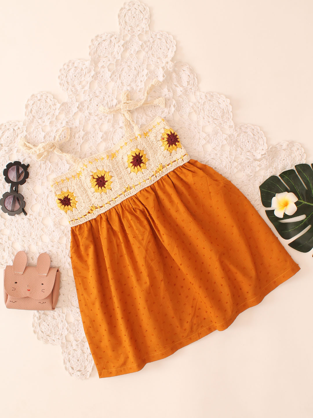 Crochet Summer Dress with Granny Square Detail - Mustard