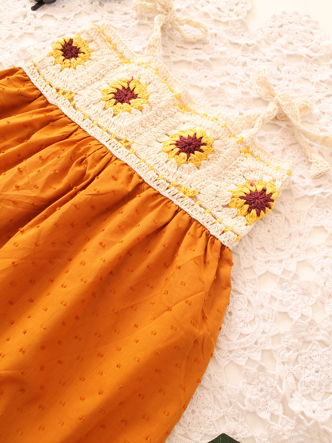 Crochet Summer Dress with Granny Square Detail - Mustard