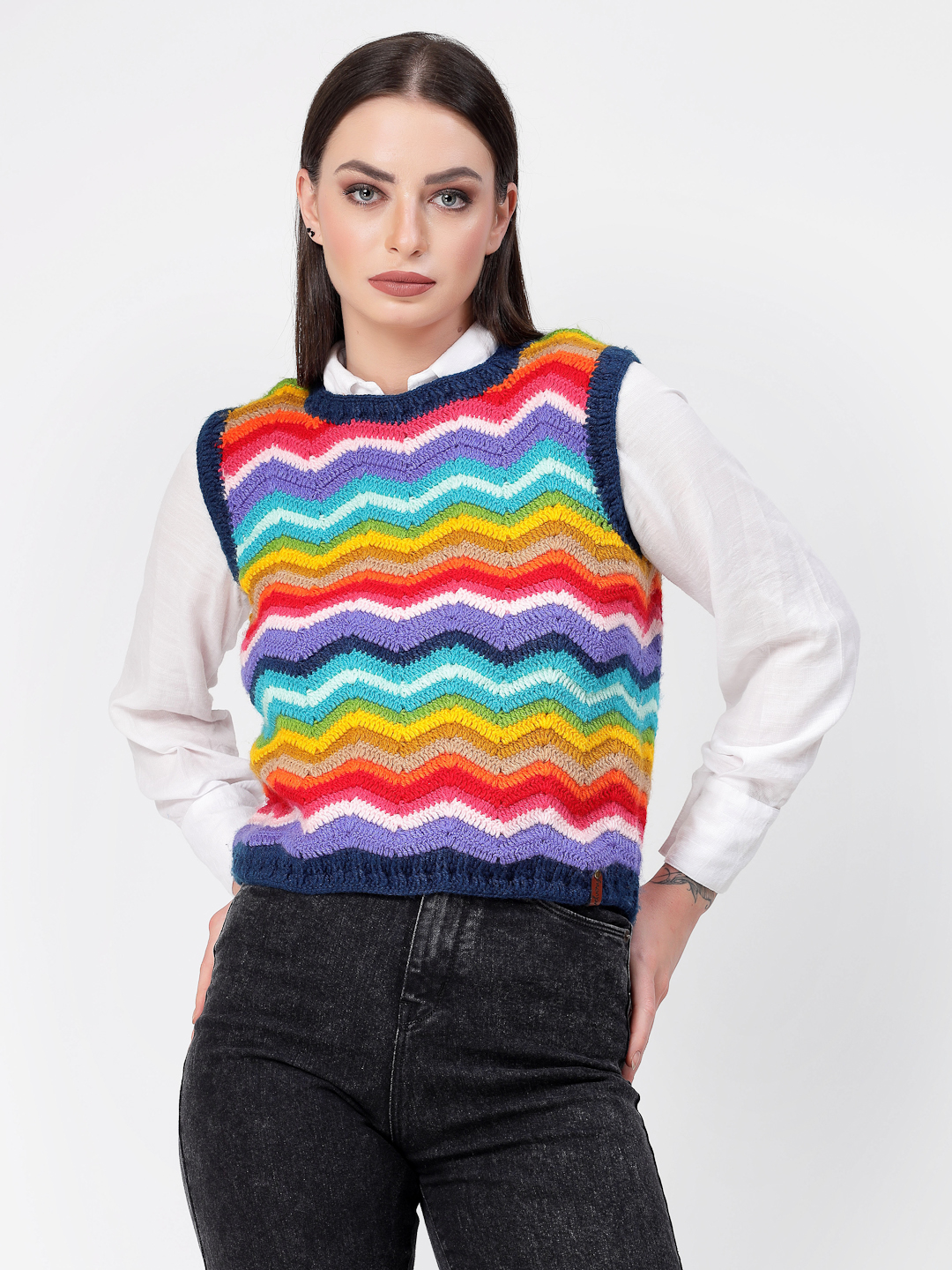 Handmade Crochet Chevron Pattern Sleeveless Sweater - Multi