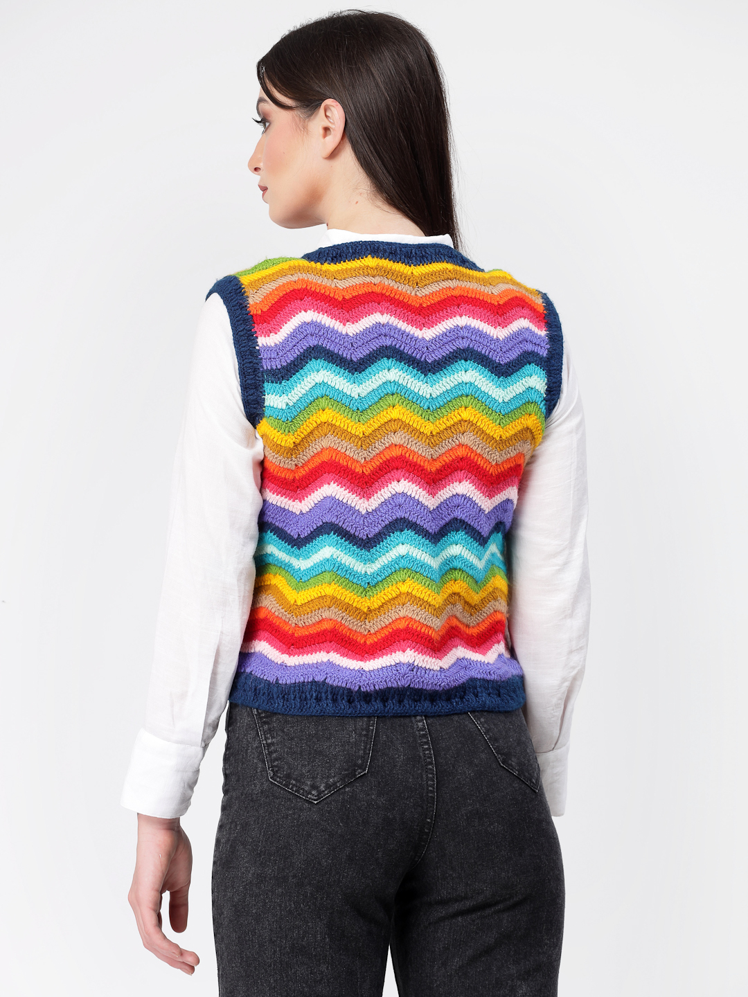 Handmade Crochet Chevron Pattern Sleeveless Sweater - Multi