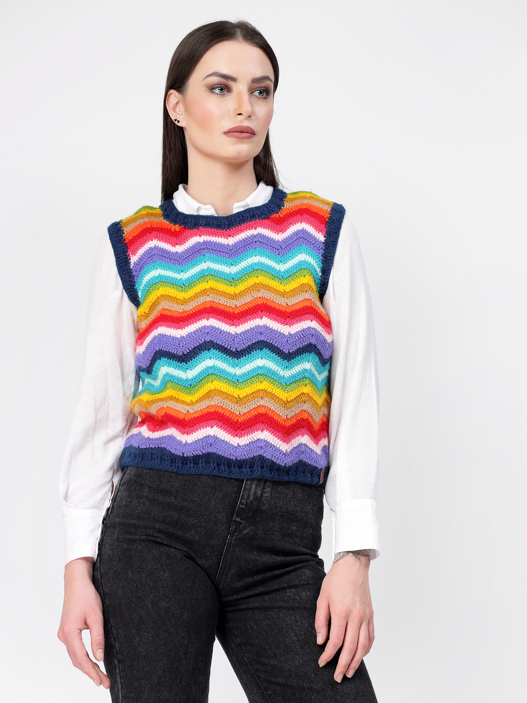 Handmade Crochet Chevron Pattern Sleeveless Sweater - Multi