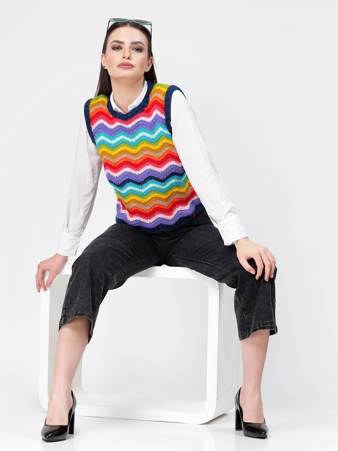 Handmade Crochet Chevron Pattern Sleeveless Sweater - Multi