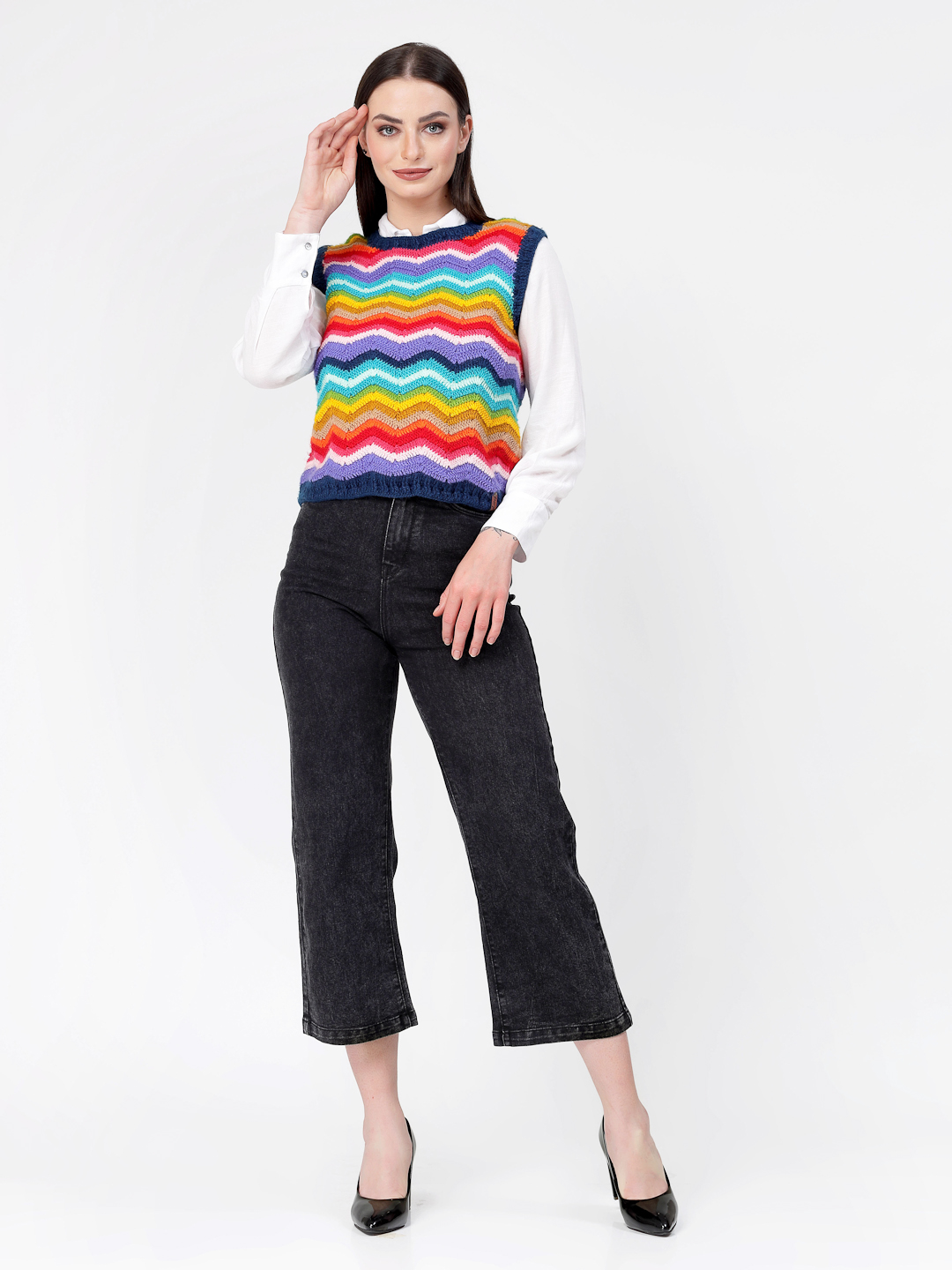 Handmade Crochet Chevron Pattern Sleeveless Sweater - Multi