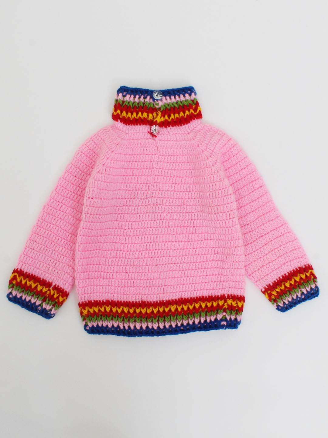 Crochet Sweater With Multicoloured Border For Kids - Pink