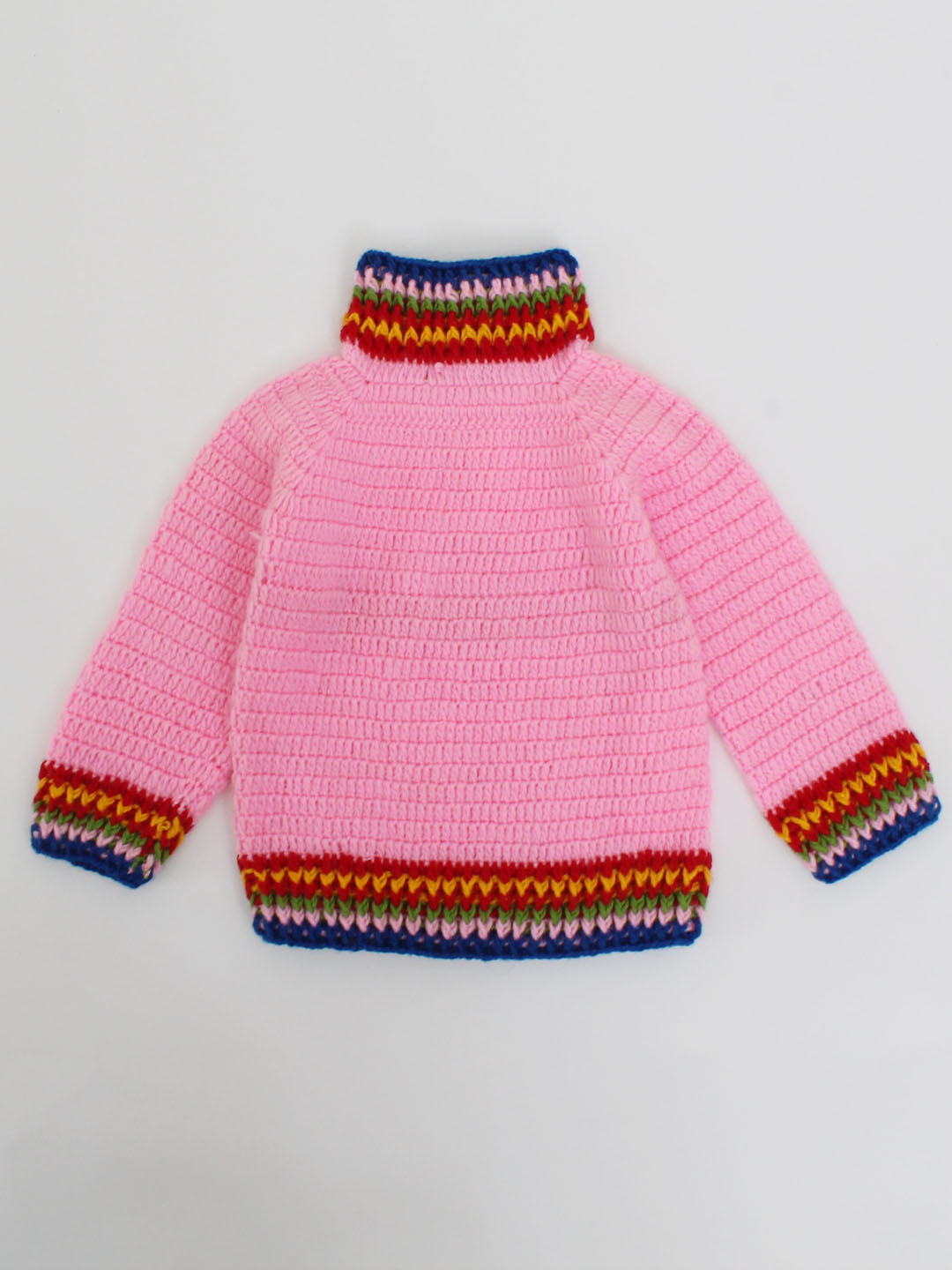 Crochet Sweater With Multicoloured Border For Kids - Pink