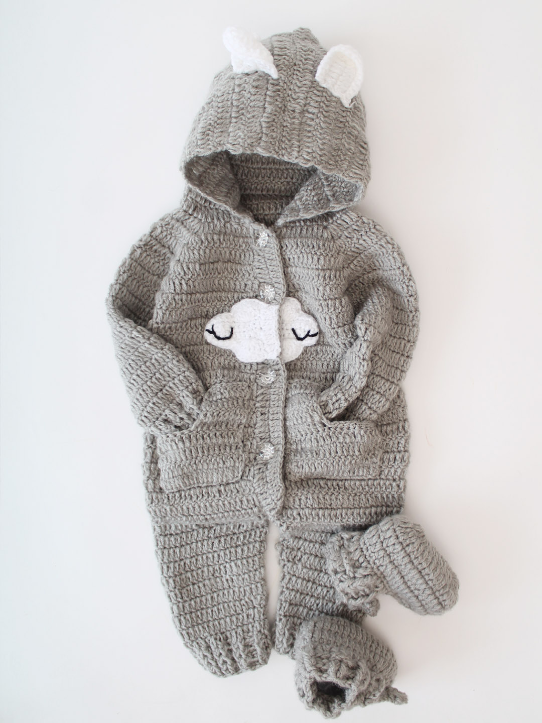 Crochet Winter Cloud Jumpsuit with Hood and Boots - Grey