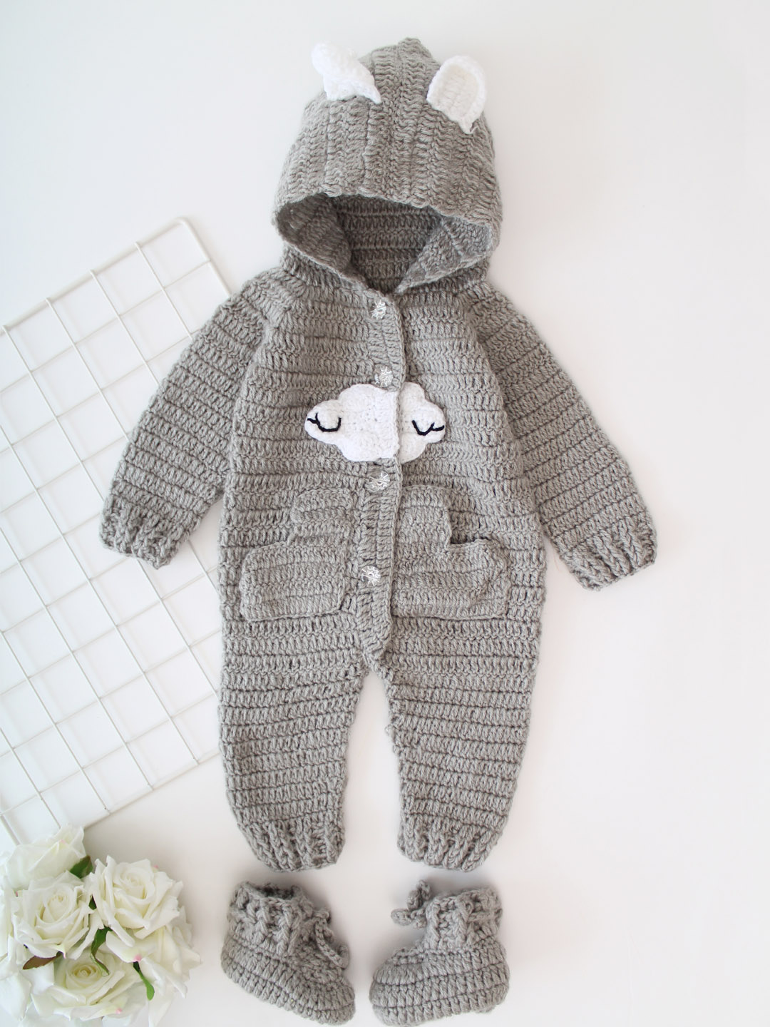 Crochet Winter Cloud Jumpsuit with Hood and Boots - Grey
