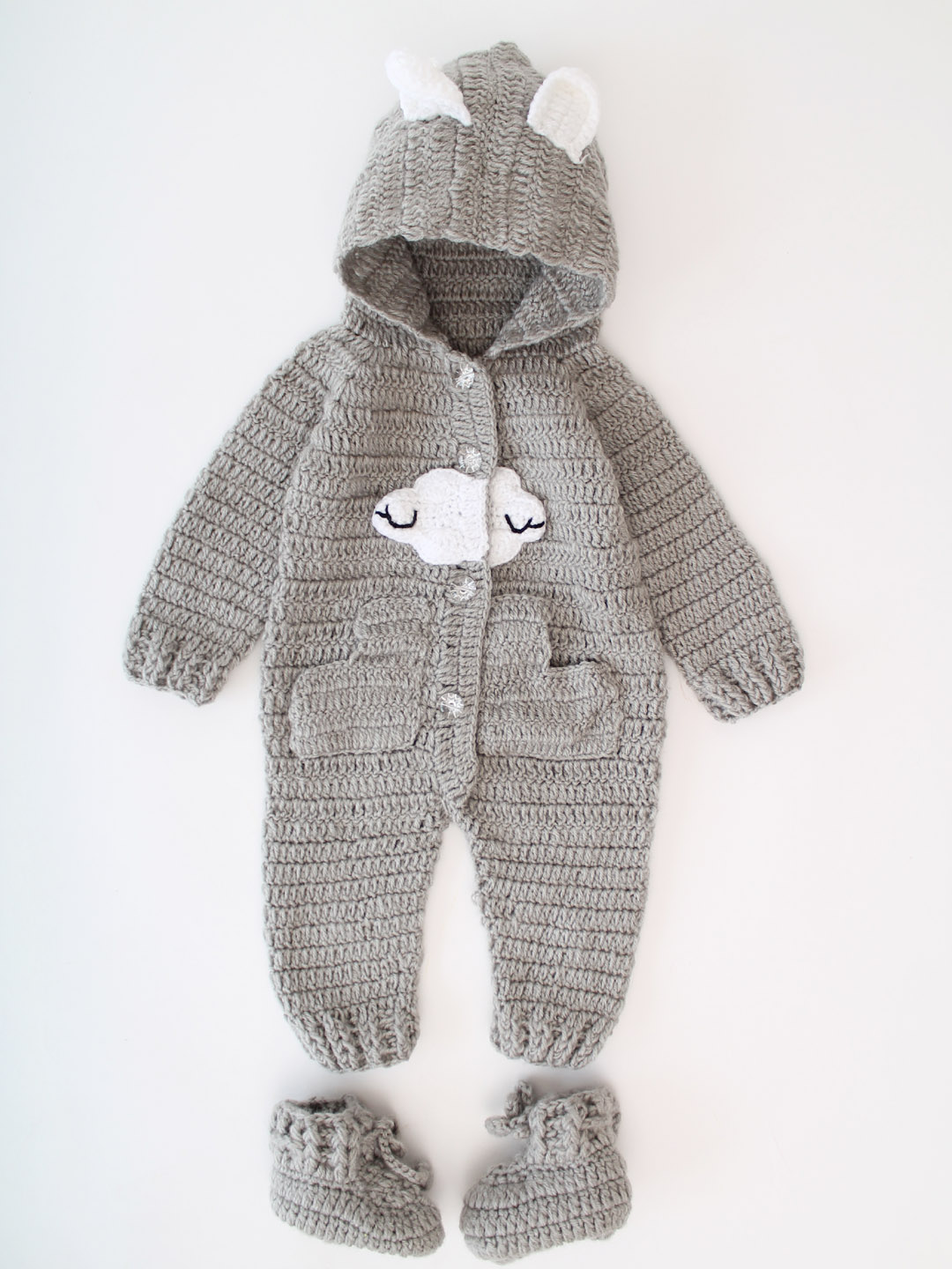 Crochet Winter Cloud Jumpsuit with Hood and Boots - Grey
