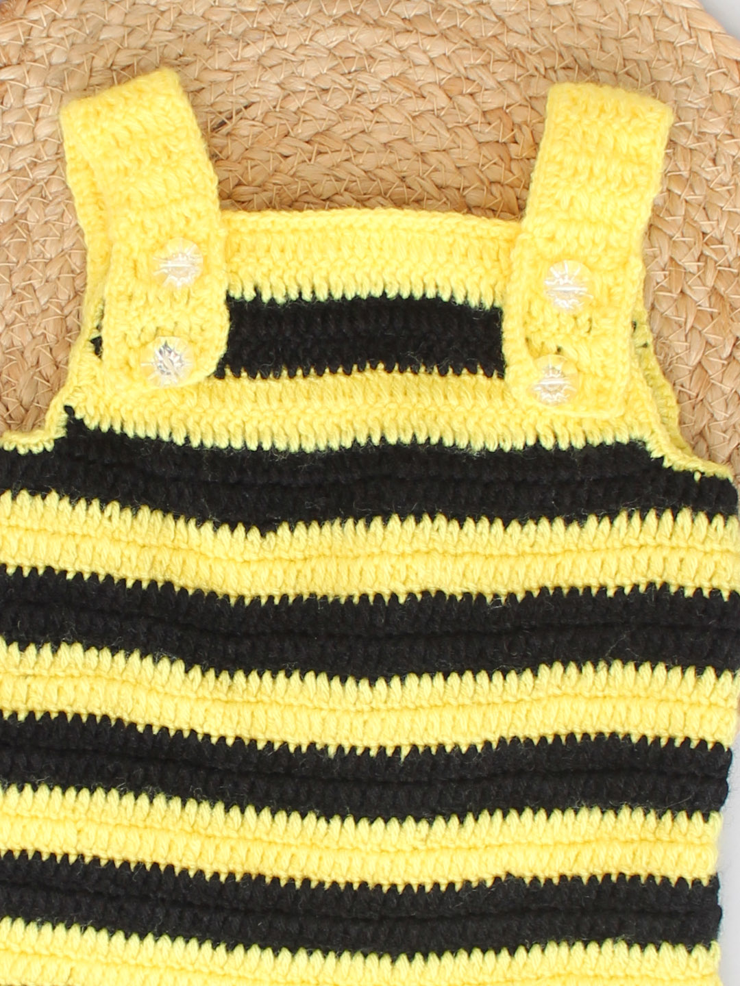Crochet Woolen Bee Romper with Cap - Black & Yellow