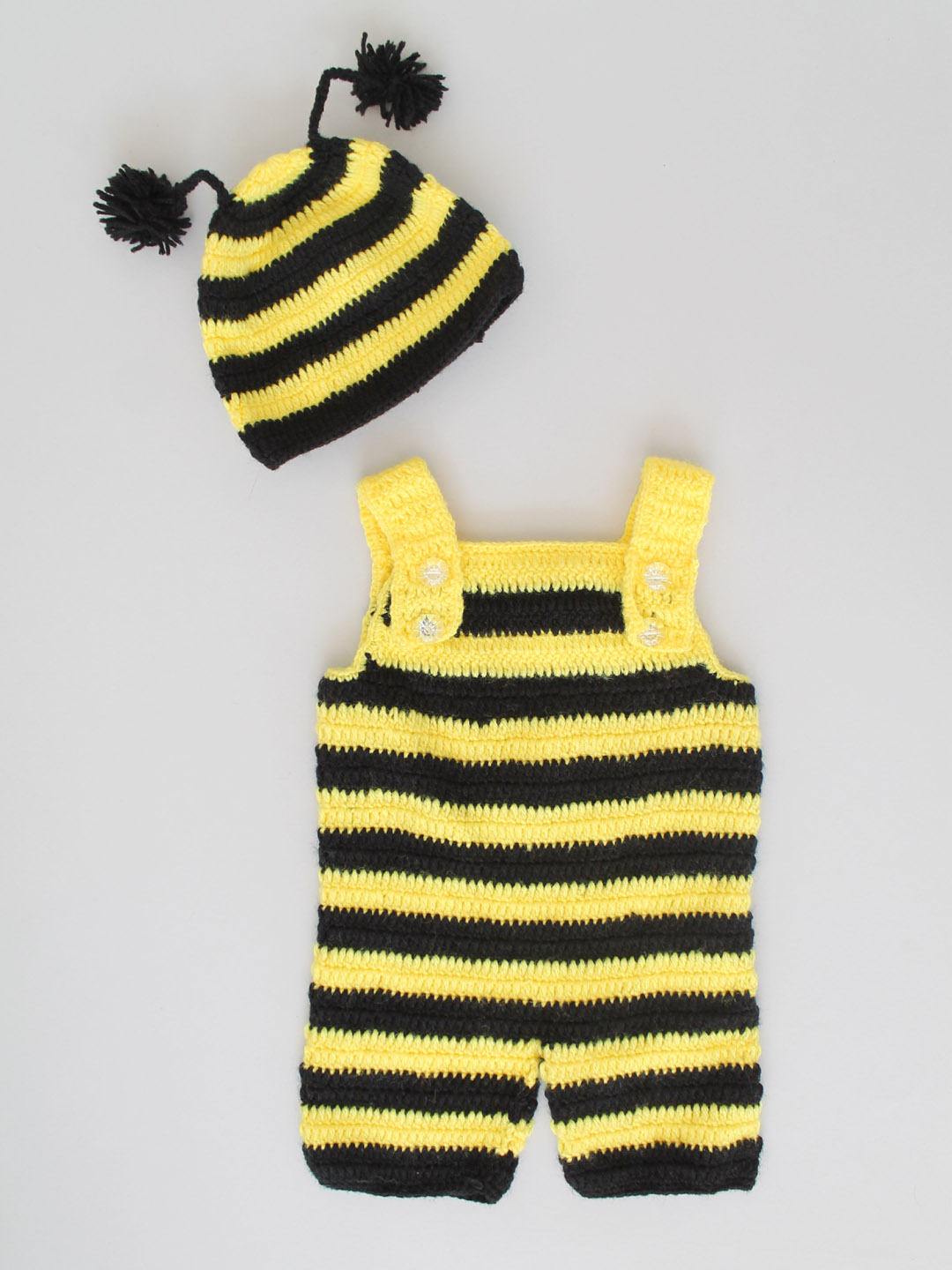 Crochet Woolen Bee Romper with Cap - Black & Yellow