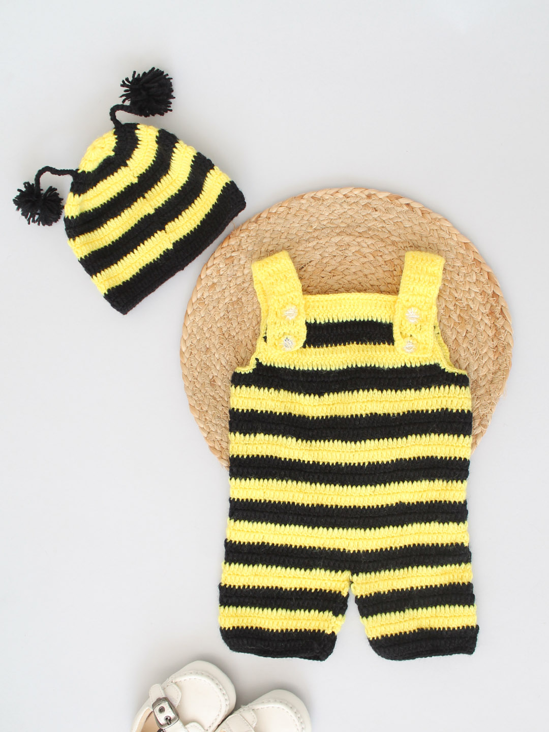 Crochet Woolen Bee Romper with Cap - Black & Yellow