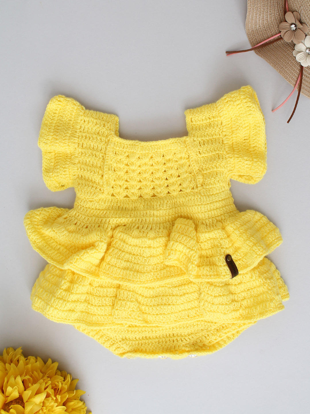 Crochet Woolen Romper Frock with Frill for Baby Girl - Yellow